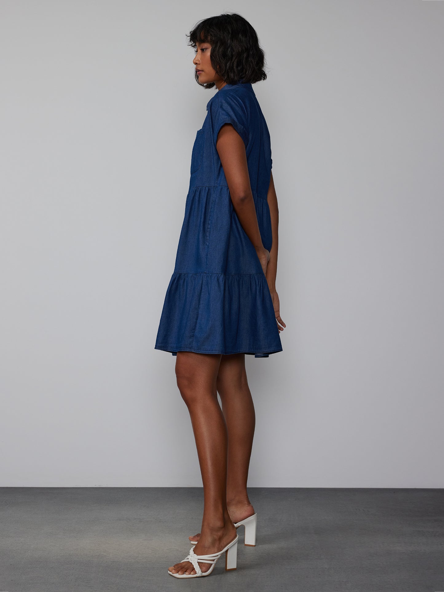 Plus Short Sleeve Chambray Tiered Shirt Dress