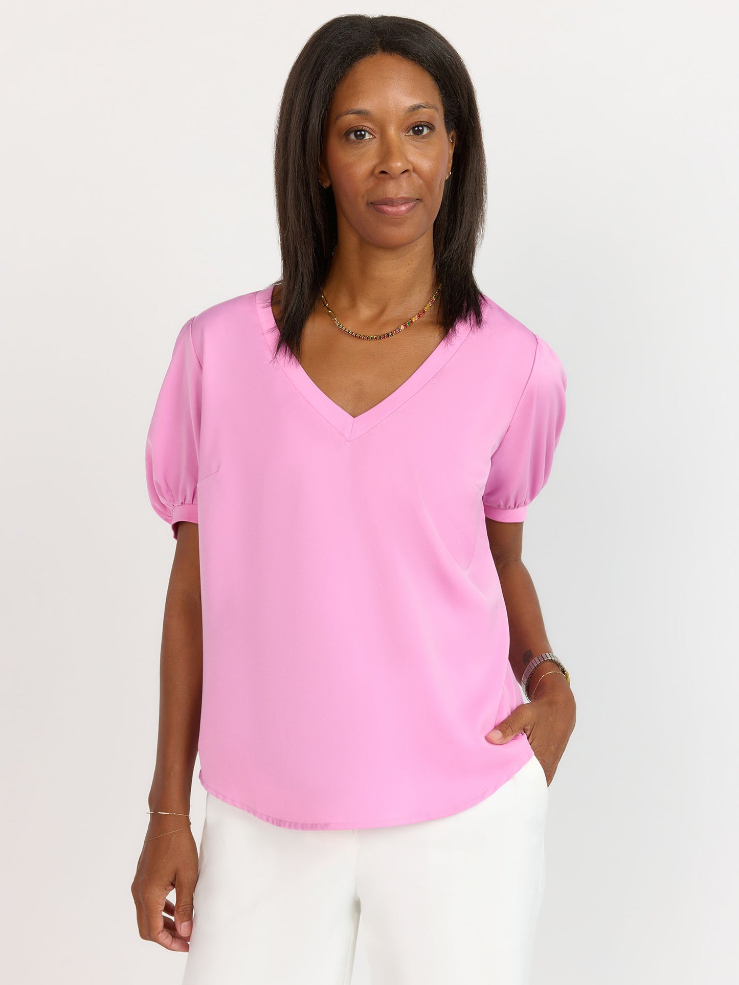 V-Neck Puff Sleeve Satin Top