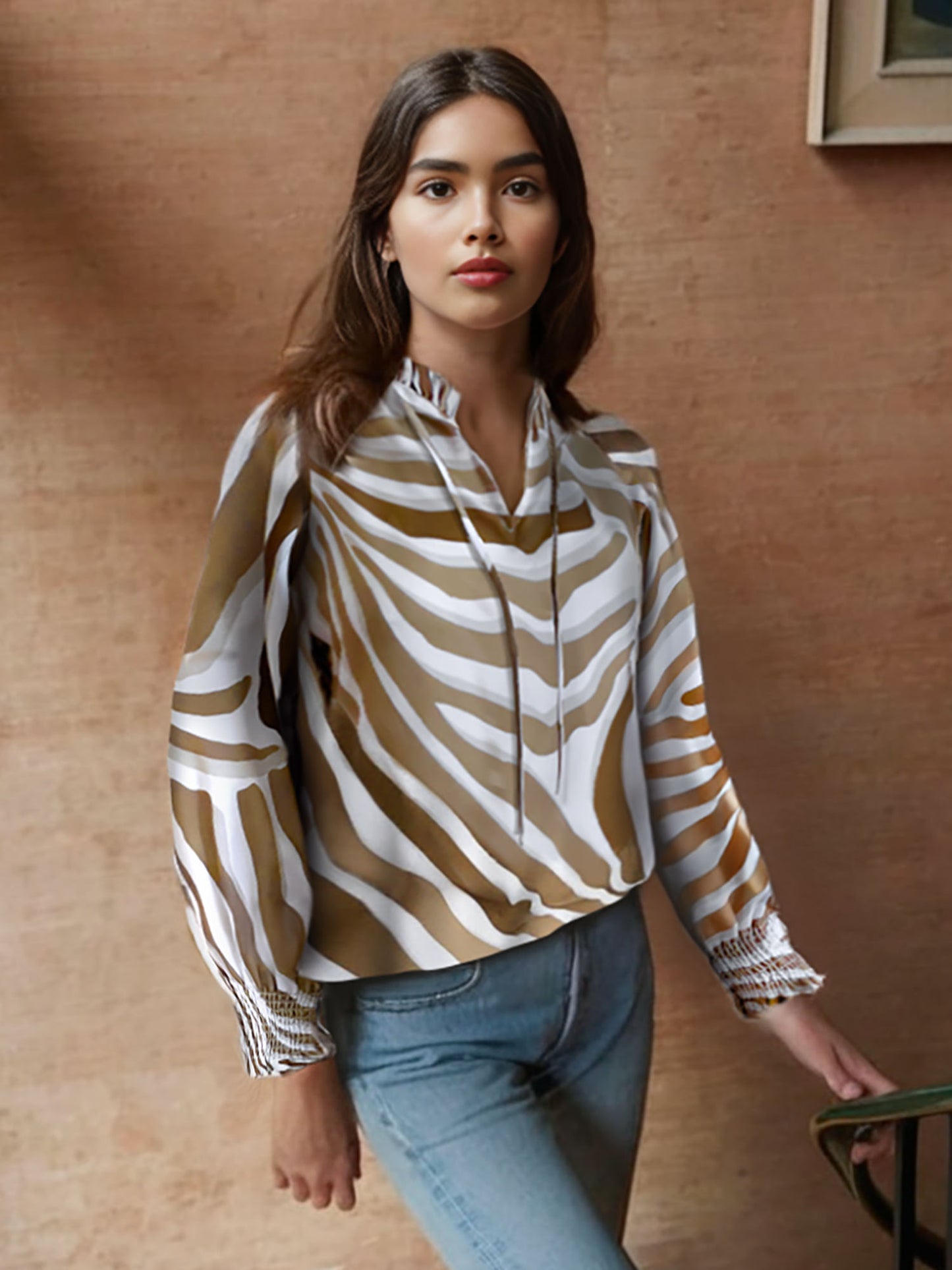 Zebra Print Ruffle Neck Top