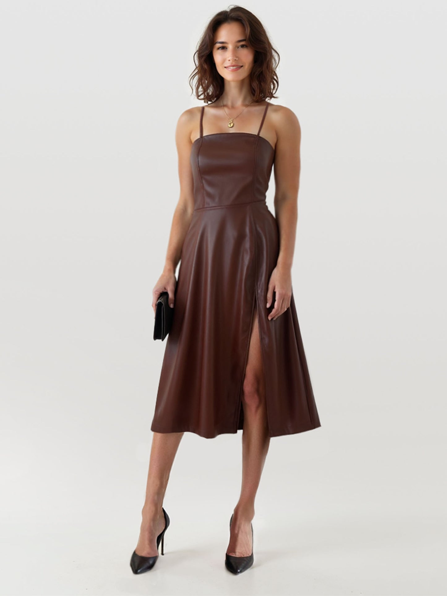 Strapless Faux Leather Midi Dress