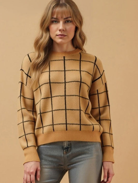 Grid Print Crew Neck Knit Pullover Sweater